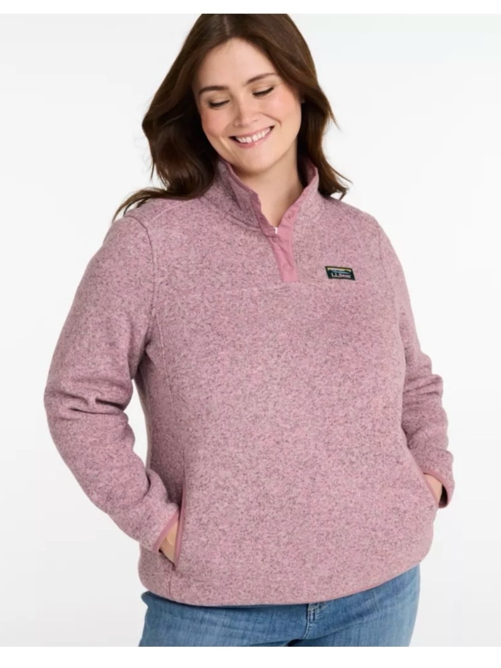L.L. Bean Heathered Pink Snap-Placket Fleece Pullover, Brand New, Never Worn